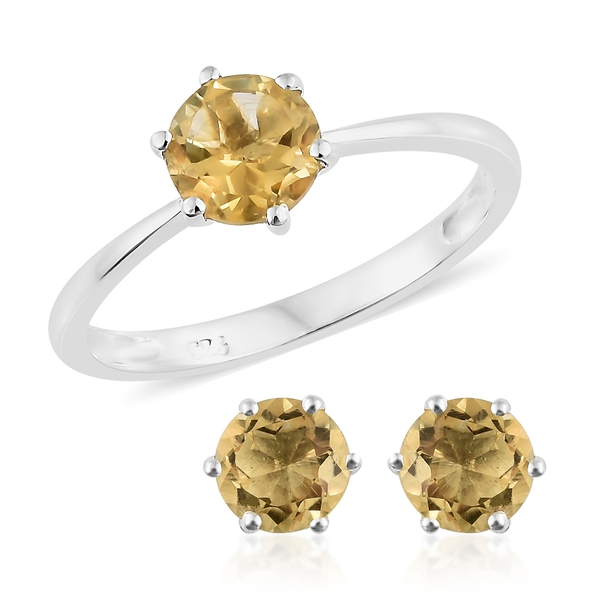 Citrine (Rnd) Solitaire Ring and Stud Earrings (with Push Back) in Sterling Silver 2.750 Ct.