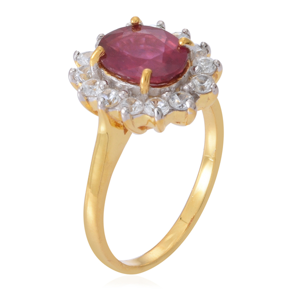 African Ruby (Ovl 3.75 Ct), Natural Cambodian White Zircon Ring in 14K Gold Overlay Sterling Silver 5.000 Ct.