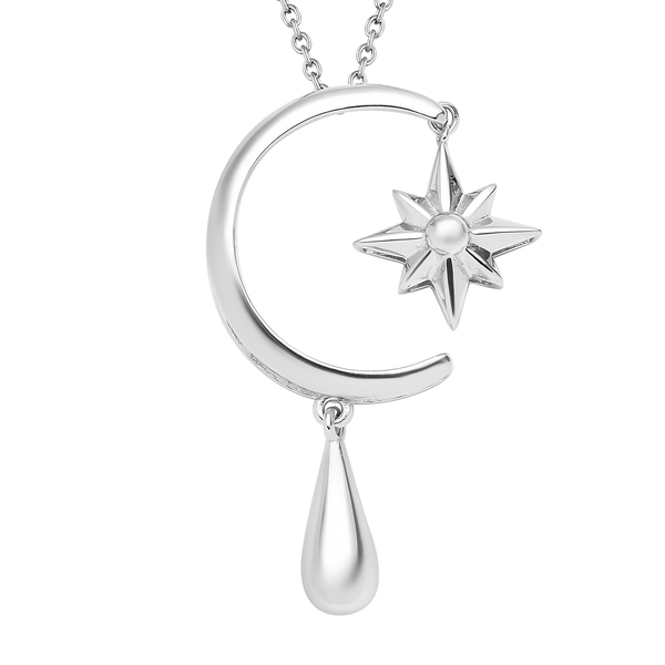 LucyQ Constellation Collection - Two Way Wear Rhodium Overlay Sterling Silver Moon & Star Pendant wi