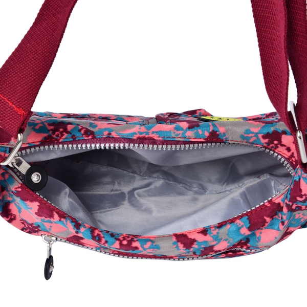 Designer Inspired Burgundy, Pink and Multi Colour Printed Handbag with External Zipper Pocket and Adjustable Shoulder Strap (Size 25x18x8 Cm)