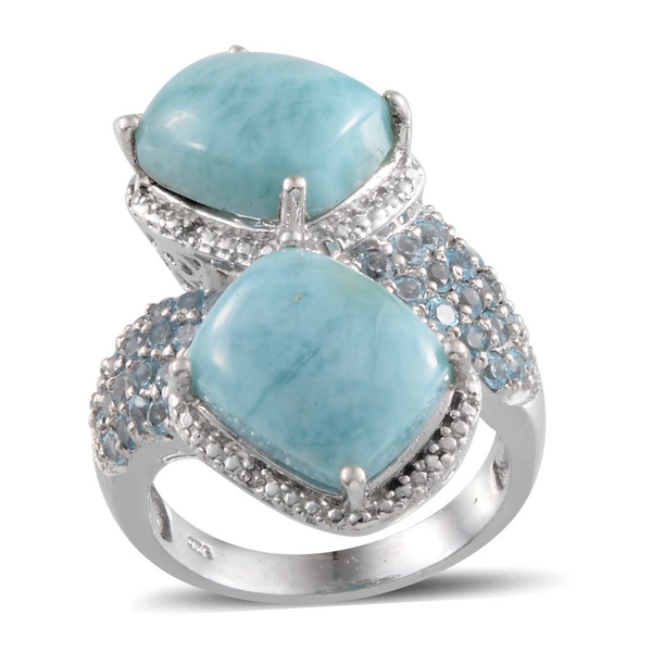 Larimar (Cush), Blue Topaz and Diamond Ring in Platinum Overlay Sterling Silver 13.020 Ct.