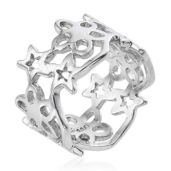 Platinum Overlay Sterling Silver Star and Floral Band Ring, Silver wt 5.99 Gms.