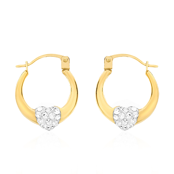9K Yellow Gold Crystal Heart Creole Hoop Earrings (with Clasp Lock)