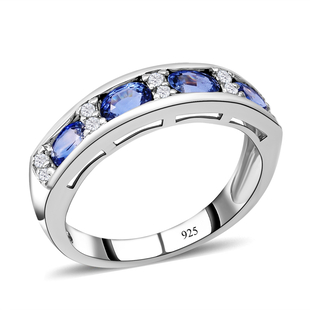 Blue Ceylon Sapphire and Diamond Half Eternity Ring in Platinum Overlay Sterling Silver 1.42 Ct.