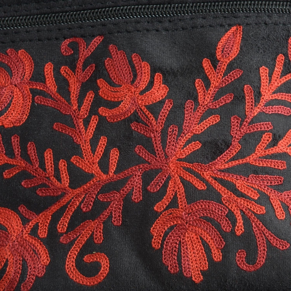 Red Colour Flowers Hand  Embroidered Bag with External Zipper Pocket and Shoulder Strap (25x21 Cm)