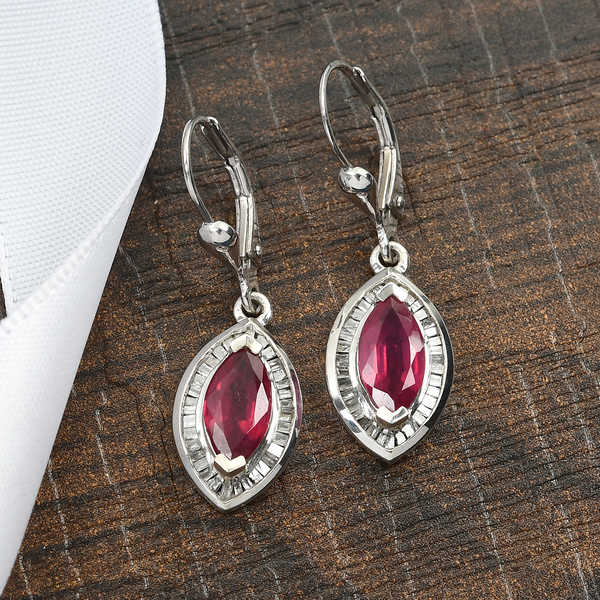 African Ruby (FF) and Diamond Lever Back Earrings in Platinum Overlay Sterling Silver 3.41 Ct.