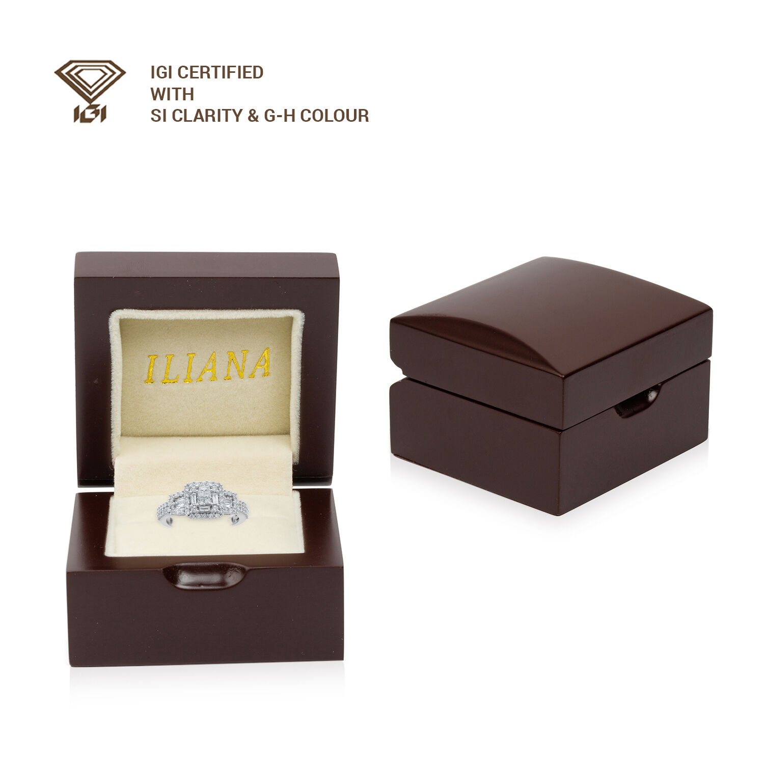 ILIANA 18K White Gold IGI Certified Diamond (SI/G-H) (Sqr and Bgt) Ring 1.000 Ct.