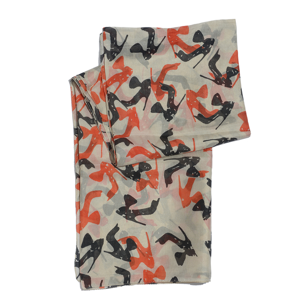 100% Mulberry Silk Orange and Black Colour Abstract Pattern Beige Colour Scarf (Size 175x100 Cm)Scarves