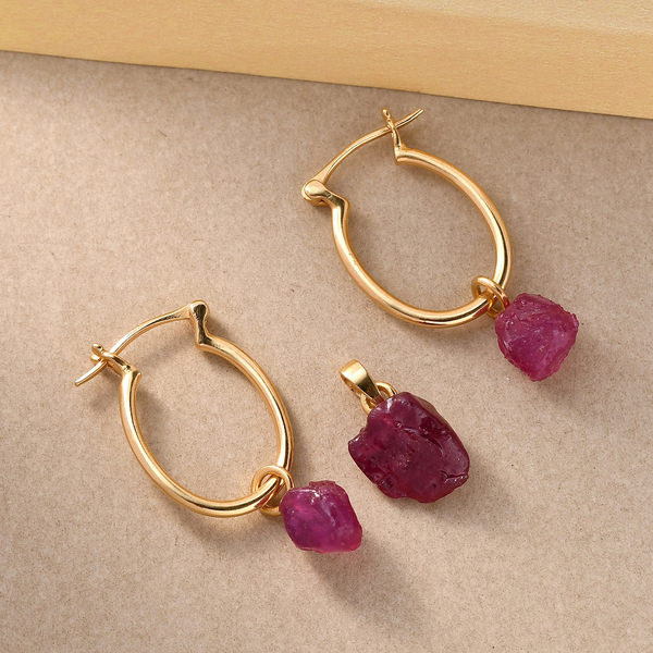 2 Piece Set - African Ruby (FF) Pendant and Detachable Hoop Earrings with Clasp in 14K Gold Overlay Sterling Silver 16.30 Ct.