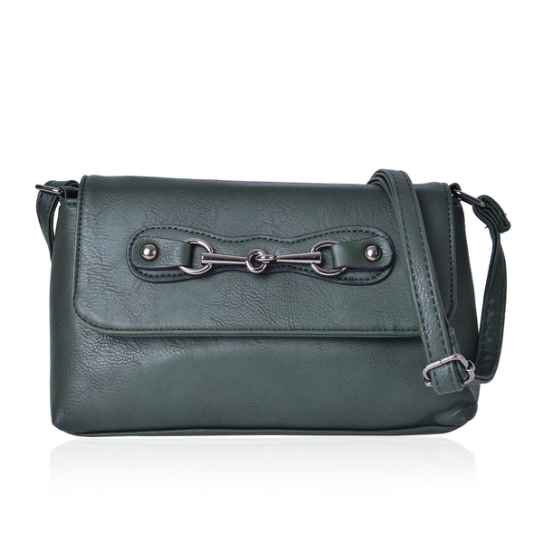 Horsebit Embellished Olive Green Colour Crossbody Bag with Adjustable Shoulder Strap (Size 23X16X5.5