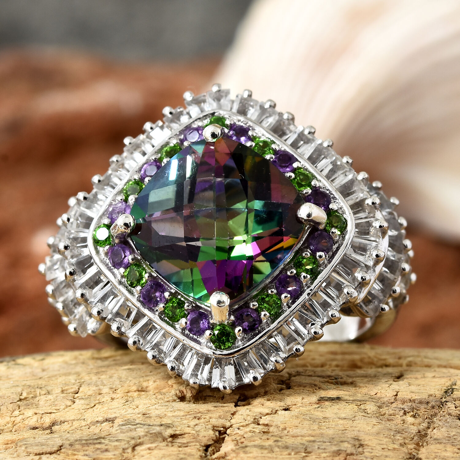 Mystic Green Topaz (Cush 4.50 Ct), White Topaz, Chrome Diopside Ring in Platinum Overlay Sterling Silver 6.250 Ct.