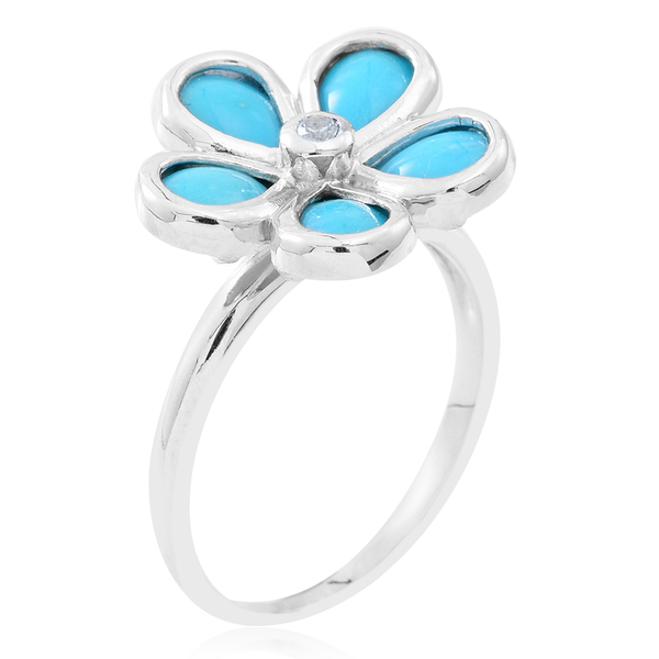 Arizona Sleeping Beauty Turquoise (Pear), White Zircon Floral Ring in Rhodium Plated Sterling Silver 2.750 Ct.