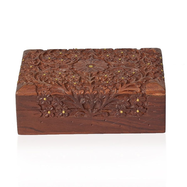 Brass Inlay Indian Rosewood Floral Carved Square Shape Jewellery Box with Black Velvet Inside (Size 