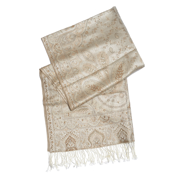 Silk Mark - 100% Super Fine Silk Beige, Chocolate and Multi Colour Floral and Paisley Pattern Silver Colour Jacquard Jamawar Scarf with Fringes (Size 180x70 Cm) (Weight 125 - 140 Gms)