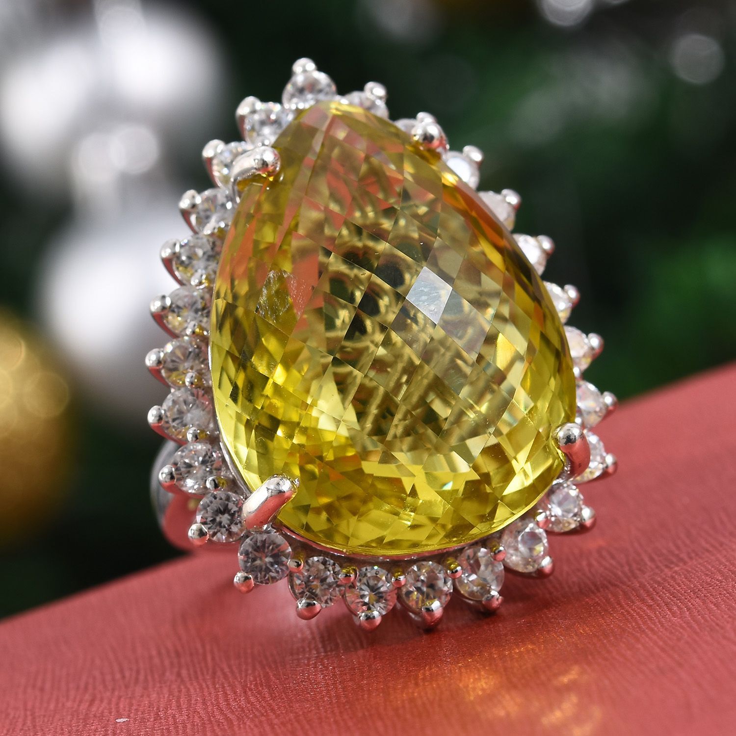 Natural Ouro Verde Quartz (Pear), Natural Cambodian Zircon Ring in Platinum Overlay Sterling Silver 56.750 Ct.