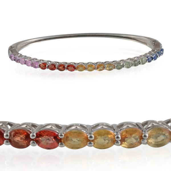 Pink Sapphire (Ovl) Yellow, Blue, Green and Orange Sapphire Bangle in Platinum Overlay Sterling Silv