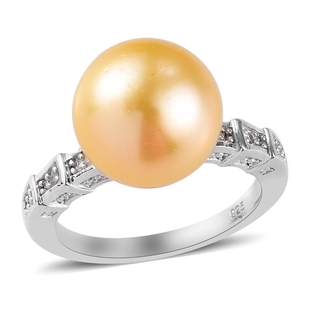Golden Edison Pearl and Diamond Ring in Platinum Overlay Sterling Silver