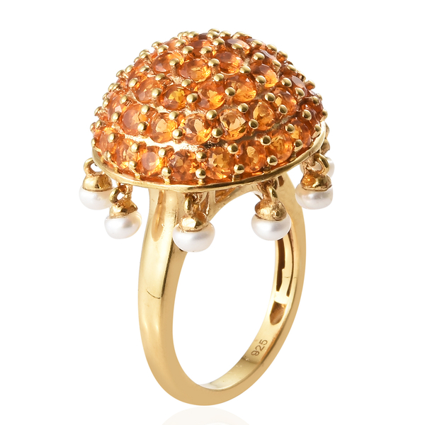 Jalisco Fire Opal (Rnd), Freshwater Pearl Cluster Ring in 14K Gold Overlay Sterling Silver 3.750  Ct.