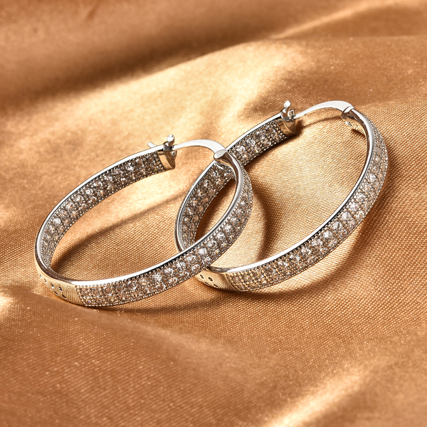 Simulated Diamond Hoop Earrings (with Clasp) in Silver Tone