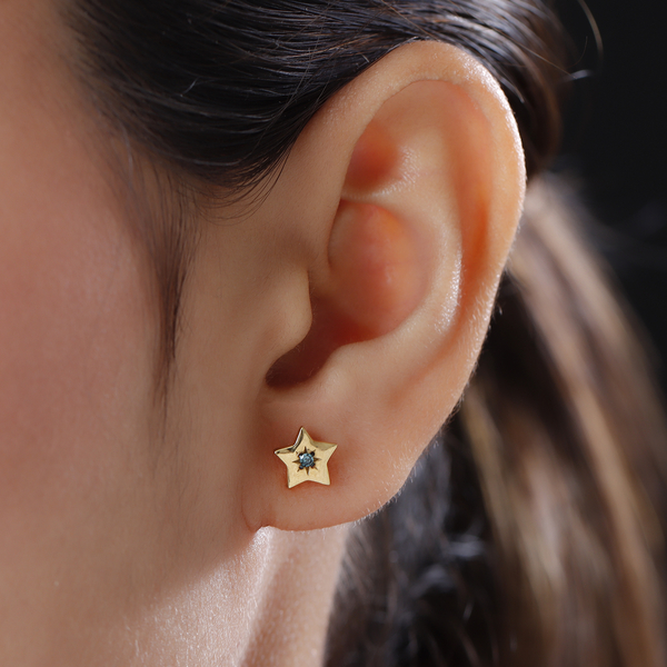 Blue Diamond Star Stud Earrings (With Push Back)  in 14K Gold Overlay Sterling Silver