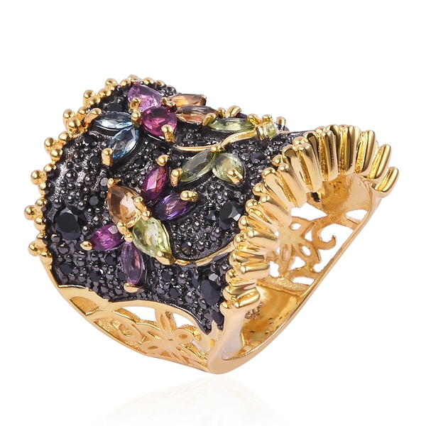 Designer Inspired- Multi Gemstone Flower and Leaves Ring in Black and 14K Gold Overlay Sterling Silver 3.965 Ct. Silver wt 9.84 Gms.