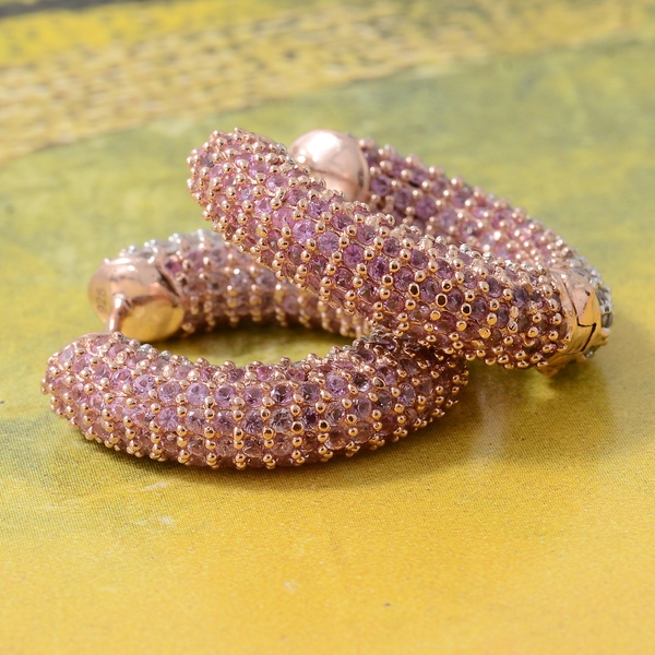 Designer Inspired - Pink Sapphire (Rnd), Natural Cambodian Zircon Hoop Earrings (with Clasp) in Rose Gold Overlay Sterling Silver 9.000 Ct. Silver wt.10.84 Gms. Number of Gemstone 600.
