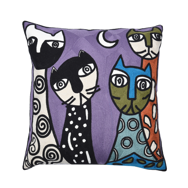 100% Cotton Fully Embroidered Four Cats Cushion Cover with Zipper Closure (Size 45 cm) - Purple & Multi