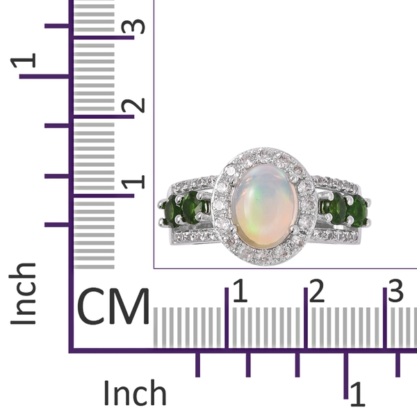Ethiopian Welo Opal (Ovl 1.25 Ct), Natural White Cambodian Zircon and Chrome Diopside Ring in Rhodium Overlay Sterling Silver 2.780 Ct.
