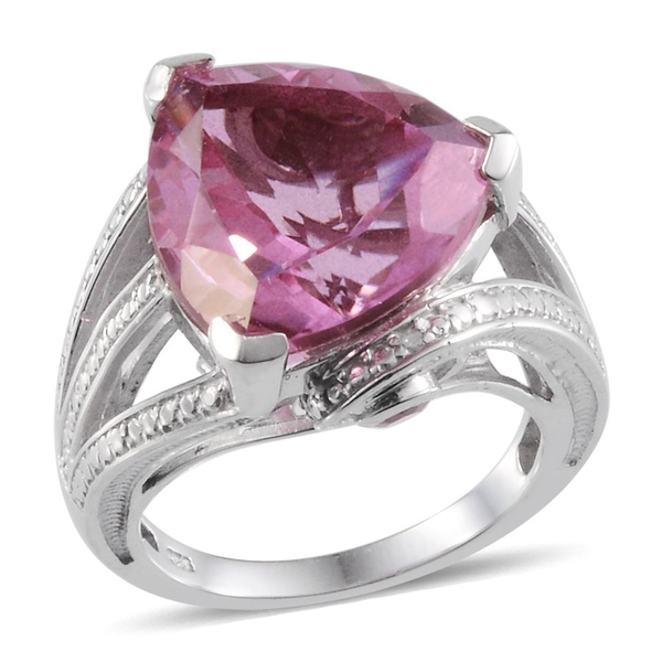 Kunzite Colour Quartz (Trl 12.50 Ct), Mahenge Pink Spinel and Diamond Ring in Platinum Overlay Sterl