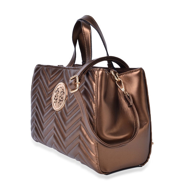 Bronze Colour ZigZag Pattern Tote Bag with Adjustable and Removable Shoulder Strap (Size 33X23X13.5 Cm)