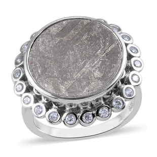 Meteorite and Natural Cambodian Zircon Ring in Platinum Overlay Sterling Silver 21.74 Ct.