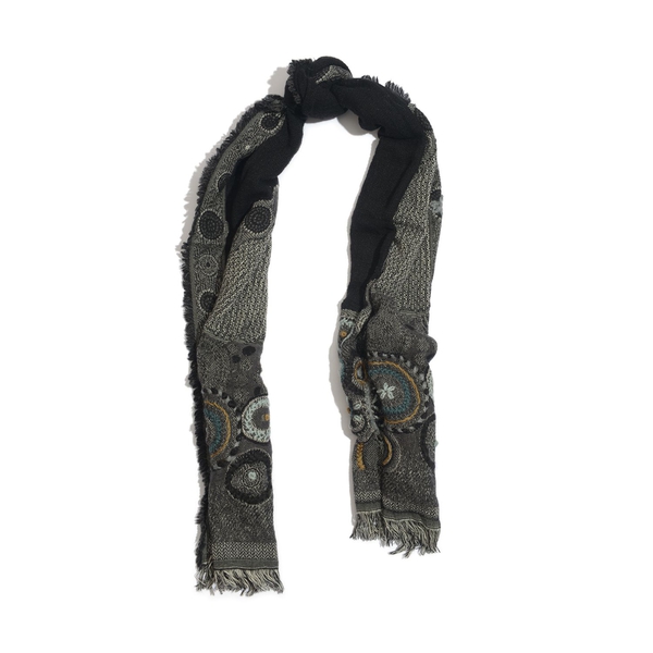 Designer Inspired 100% Wool Multi Colour Paisley and Floral Embroidered Black Colour Scarf with Fringes (Size 180x70 Cm)
