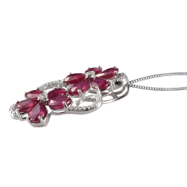 African Ruby (Pear), Diamond Twin Floral Pendant With Chain in Platinum Overlay Sterling Silver 7.510 Ct.