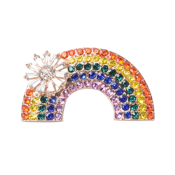 Multi Colour Austrian Crystal and Simulated Diamond Rainbow Brooch with Flower in Yellow Gold Tone
