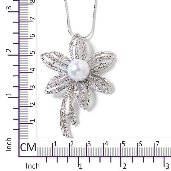 Simulated Pearl (Rnd), White Austrian Crystal Flower Pendant with Chain (Size 29 and 2.5 inch Extender) in Silver Tone