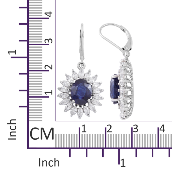 Rare Size Kanchanaburi Blue Sapphire (Ovl), Natural White Cambodian Zircon Lever Back Earrings in Rhodium Plated Sterling Silver 11.250 Ct.