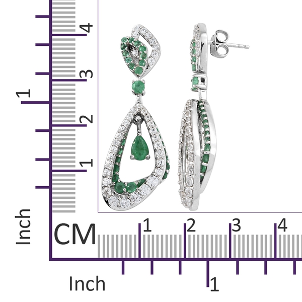 AA Kagem Zambian Emerald (Pear and Rnd), Natural Cambodian Zircon Earrings (with Push Back) in Platinum Overlay Sterling Silver 5.500 Ct. Silver wt 9.35 Gms. Number of Gemstone 142