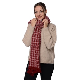 Close Out Deal LA MAREY Super Soft 100% Wool Shawl in Burgundy Houndstooth Border Pattern with Tassels (200x70+5cm)