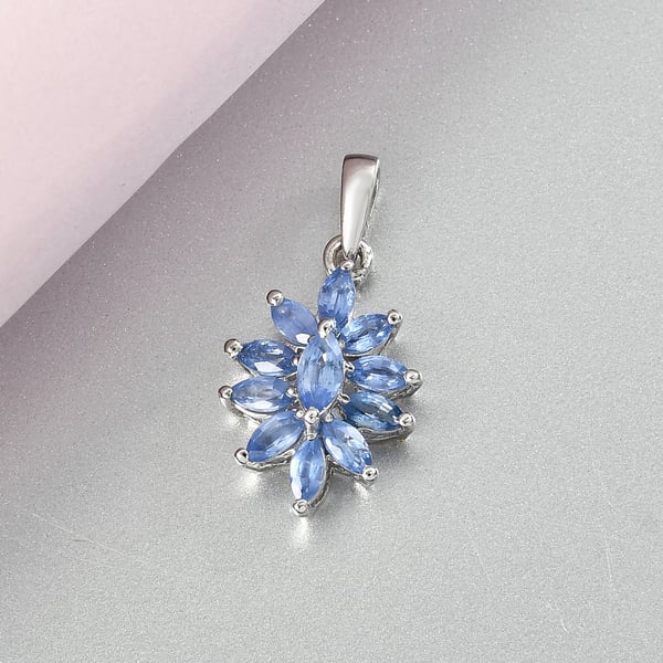Blue Sapphire Floral Pendant in Platinum Overlay Sterling Silver 1.04 Ct.