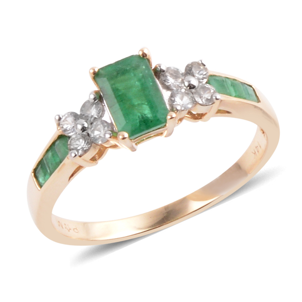 14K Y Gold Kagem Zambian Emerald (Oct 0.50 Ct), White Topaz Ring 1.100 Ct.