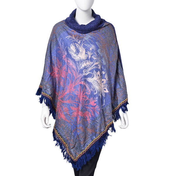 Close Out Deal- Designer Inspired-Blue, Red and Multi Colour Floral Pattern Turtle Neck Poncho with 