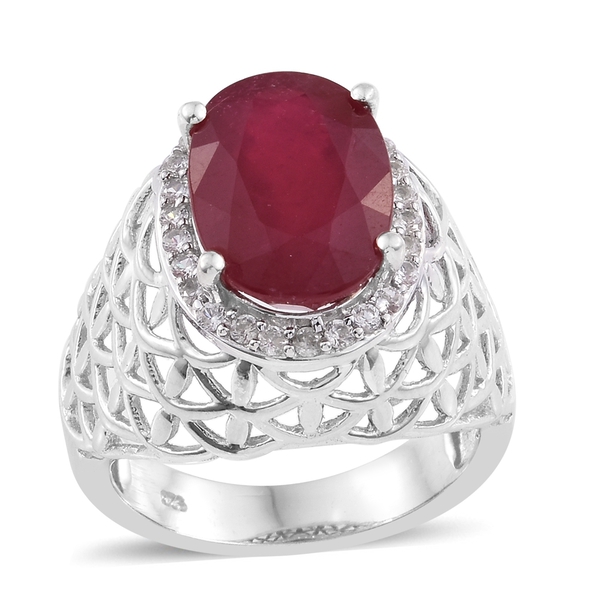9.25 Ct African Ruby and Zircon Halo Ring in Platinum Plated Silver 6.50 grams