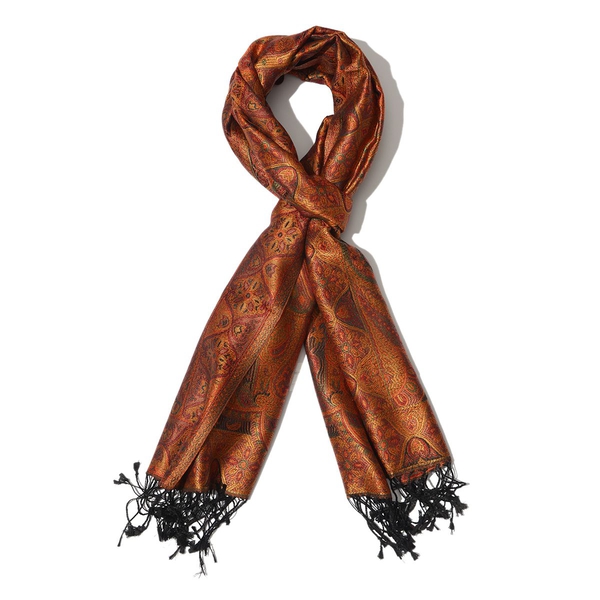 100% Superfine Silk Orange and Black Colour Jacquard Jamawar Shawl with Paisley Motifs and Fringes (