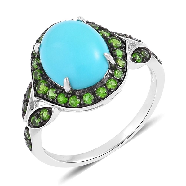 2.85 Ct Sleeping Beauty Turquoise and  Diopside Halo Ring in Black Rhodium Plated Silver