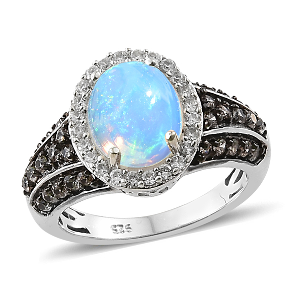 2.50 Ct Ethiopian Welo Opal and Multi Gemstone Halo Ring in Platinum and Black Plated Silver