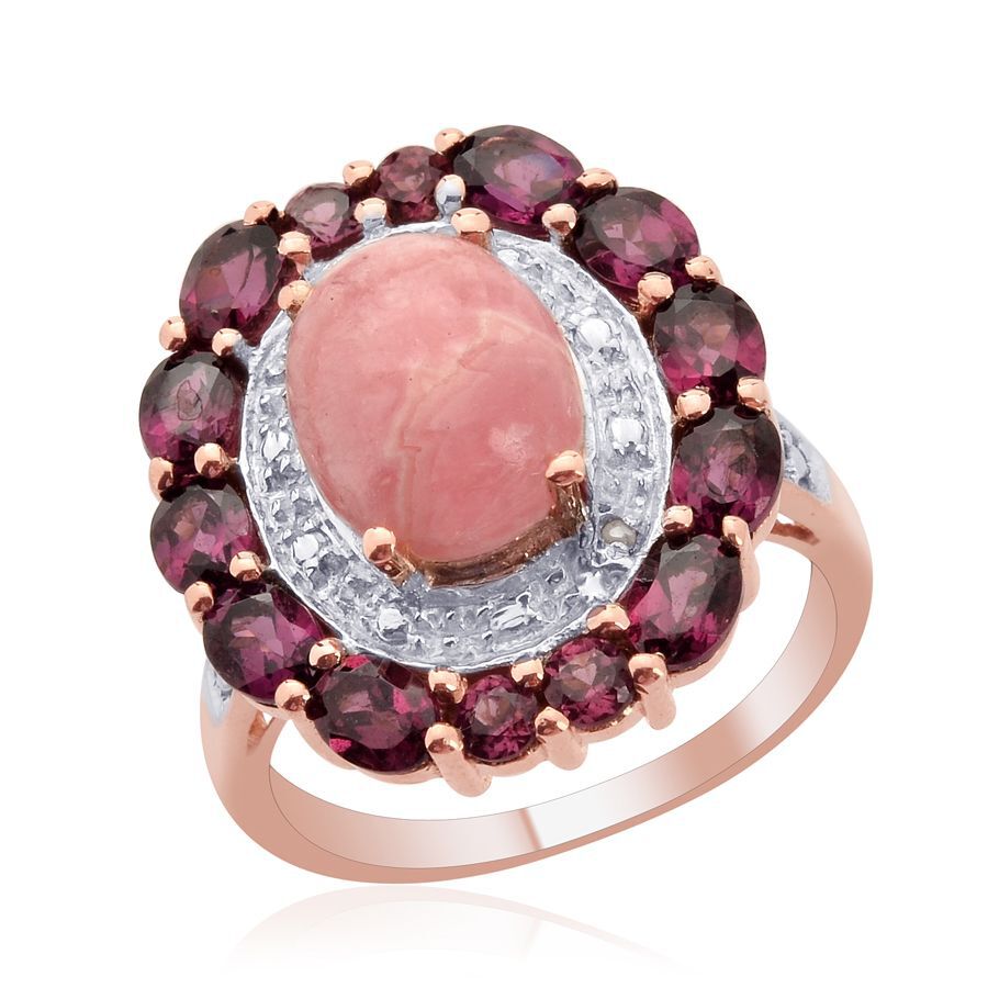 Argentinian Rhodochrosite (Ovl 3.00 Ct) Rhodolite Garnet and Diamond Ring in Rose Gold Overlay Sterl