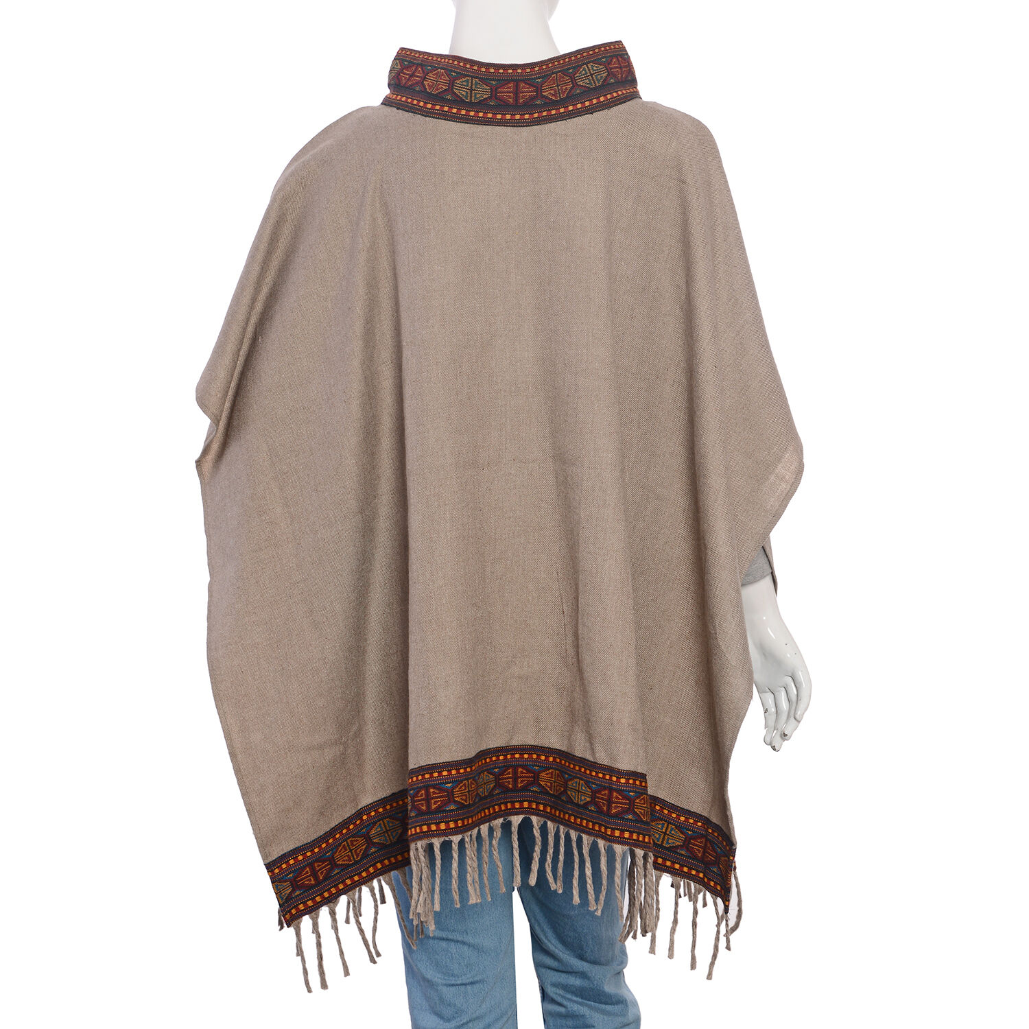 Hand Woven Traditional Kullu Weave Poncho with Woollen Border (Size 96.52x76 Cm) Khaki and Multi Colour