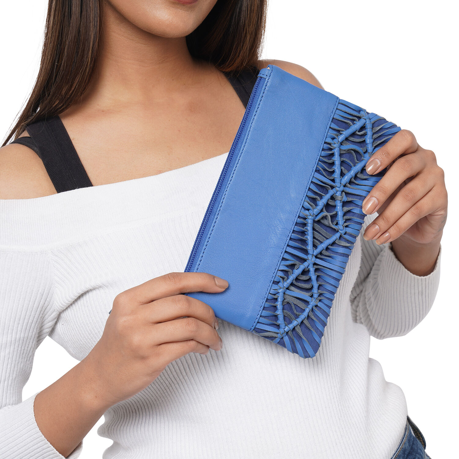 100% Genuine Leather Macrame Wallet (Size 21x13cm) -  Blue
