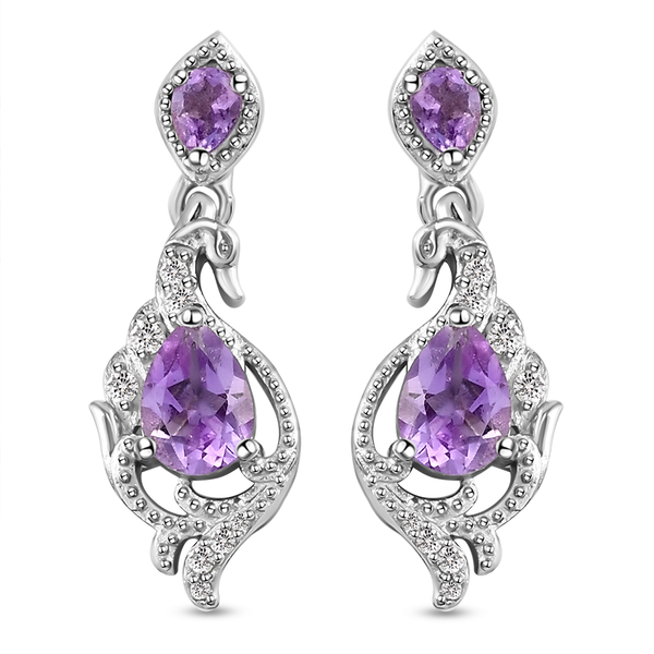 Moroccan Amethyst and Natural Cambodian Zircon Dangling Earrings (with Push Back) in Platinum Overla