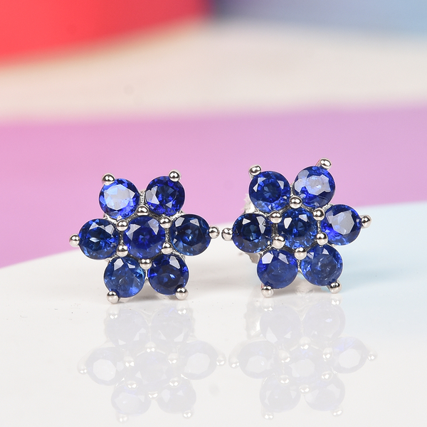 RHAPSODY 950 Platinum AAAA Blue Sapphire Floral Stud Earrings (with Screw Back) 1.37 Ct.